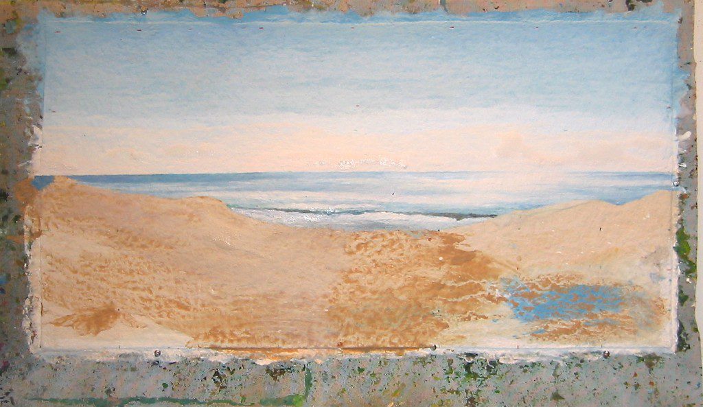 41. A painting of a beach with sand dunes in the background.