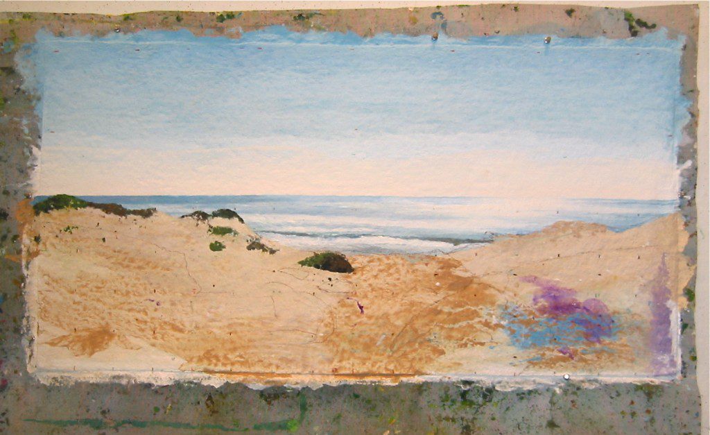 A painting of a sand dune with a view of the ocean.