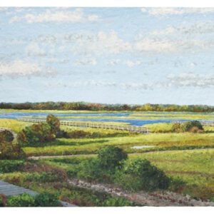 An oil painting of a field and a bridge.