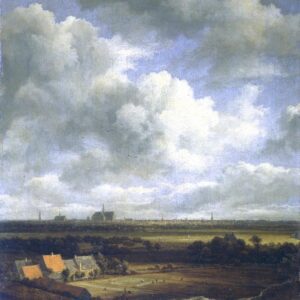 A painting of a landscape with clouds and houses.