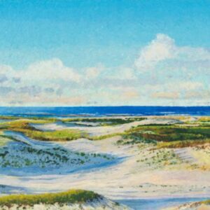 A painting of sand dunes and the ocean.