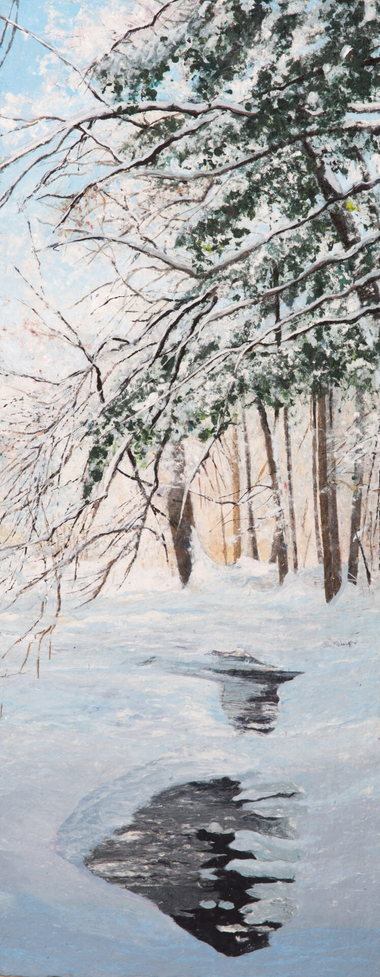 A painting of a snow covered forest with a stream.