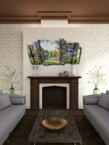 fireplace with brick wall and sofas