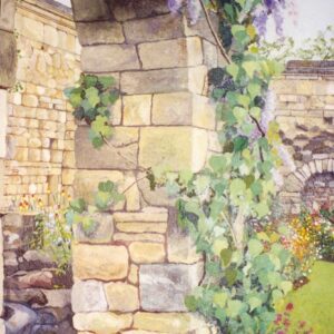 174. A painting of a stone arch with purple flowers.