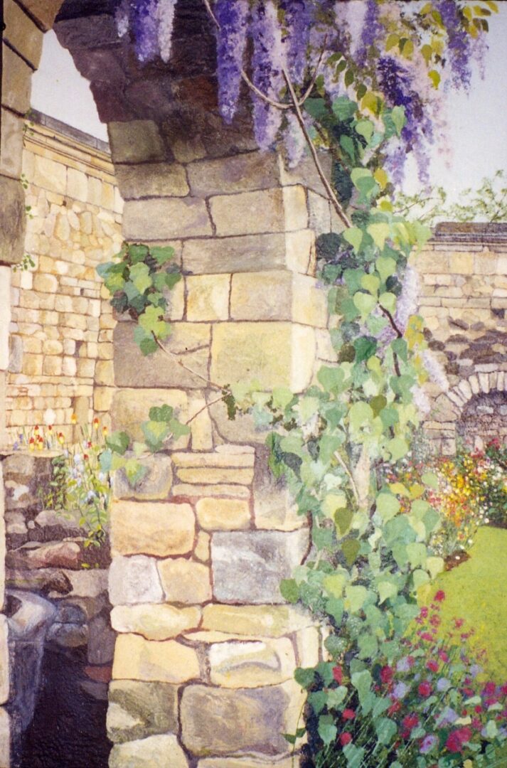 174. A painting of a stone arch with purple flowers.