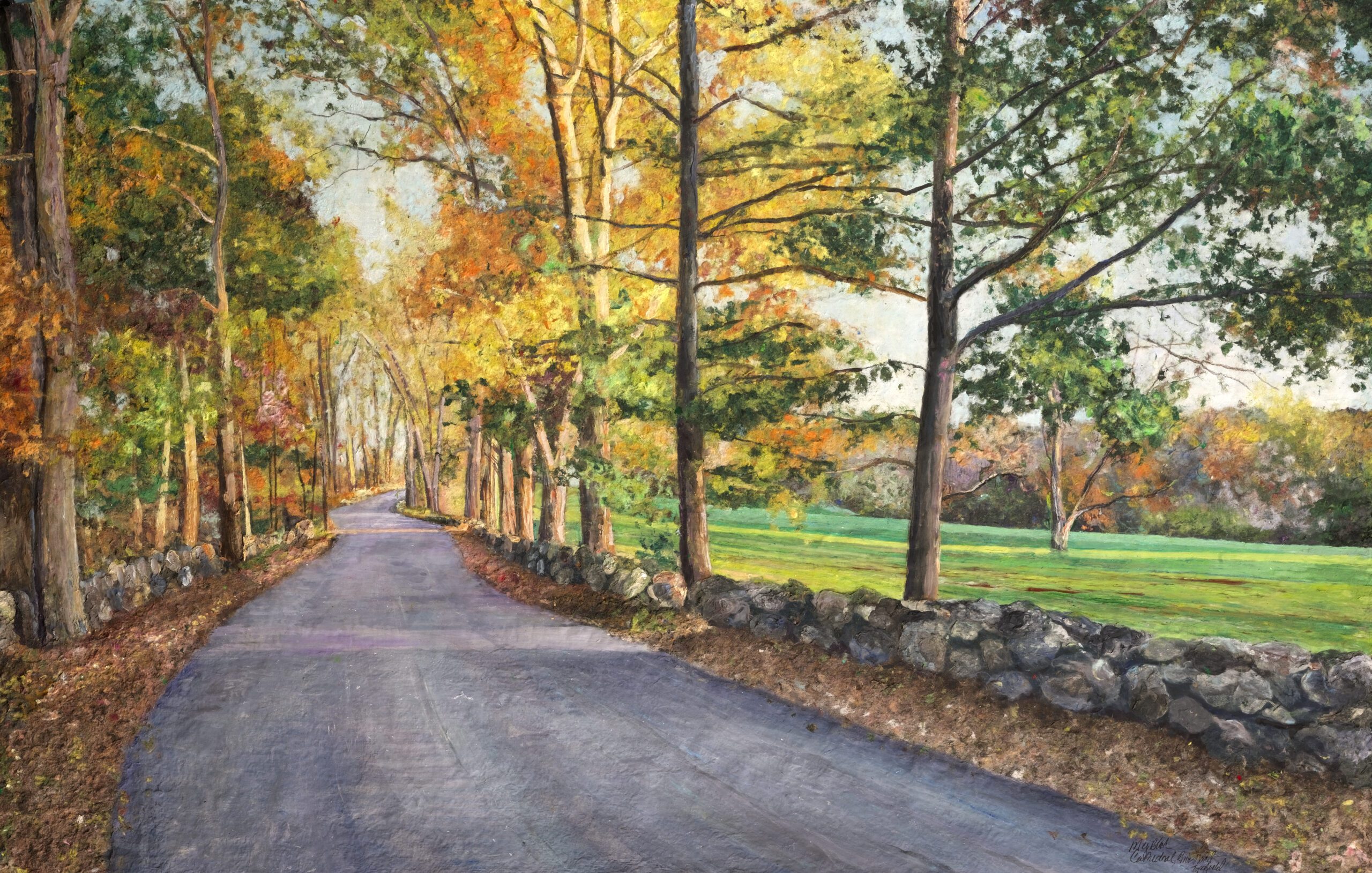 A painting of a country road in autumn.