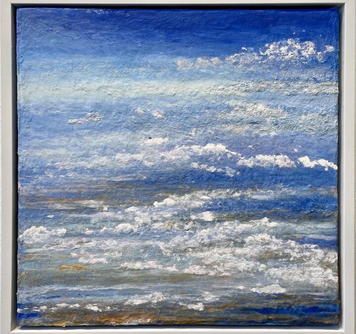 Sailing through the clouds, high above the world, 19 x 19 x 1 inches.
