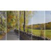 A painting of a road with trees and a stone wall.