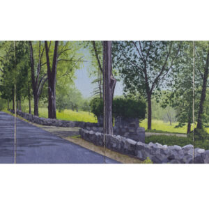 A painting of a road with trees and a stone wall.