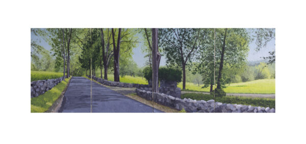 A painting of a road with trees and a stone wall.