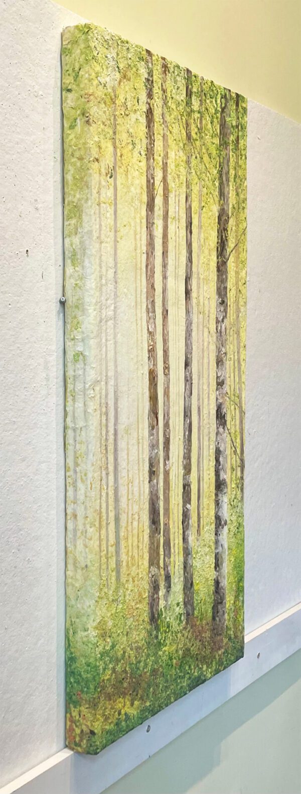 Early Spring Morning, Birch Trees 45 x 20 x 3 inches hanging on a wall.
