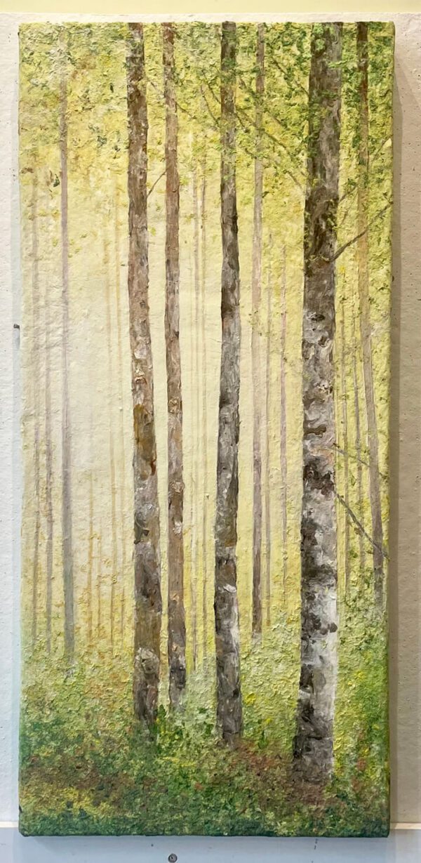A painting of Early Spring Morning, Birch Trees 45 x 20 x 3 inches in the woods.