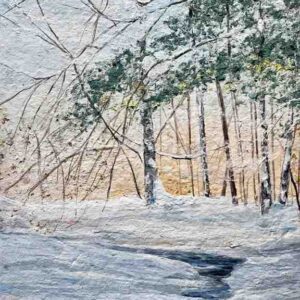 A Birch trees in Winter, 45 x 20 x 3 inches of snow covered trees and a stream.