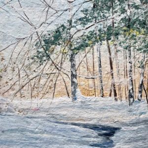 A painting of a snow covered river and trees.