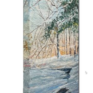 A painting of a winter scene with trees and snow.