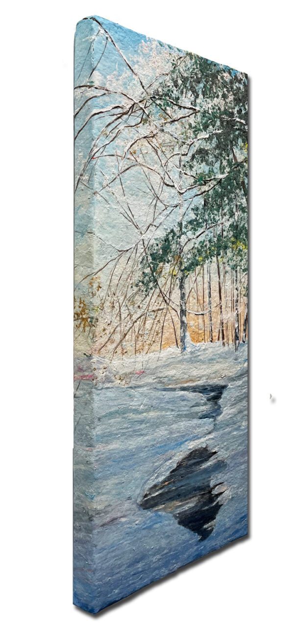 A painting of a winter scene with trees and snow.