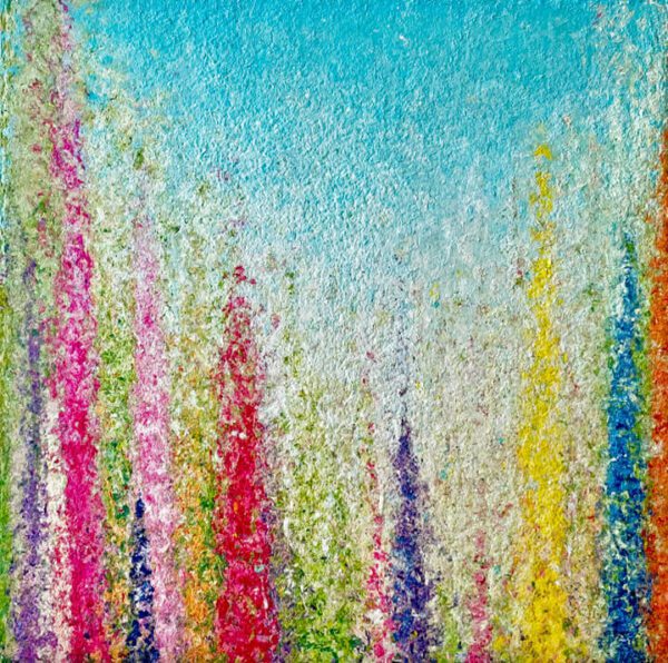 A Field of Larkspur, 30 x 30 x 2 inches painting of colorful flowers against a blue sky.