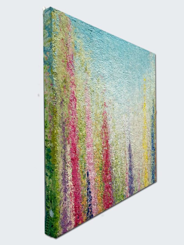 An abstract painting of colorful flowers on a Summer Garden, 30 x 30 x 2 inches canvas.