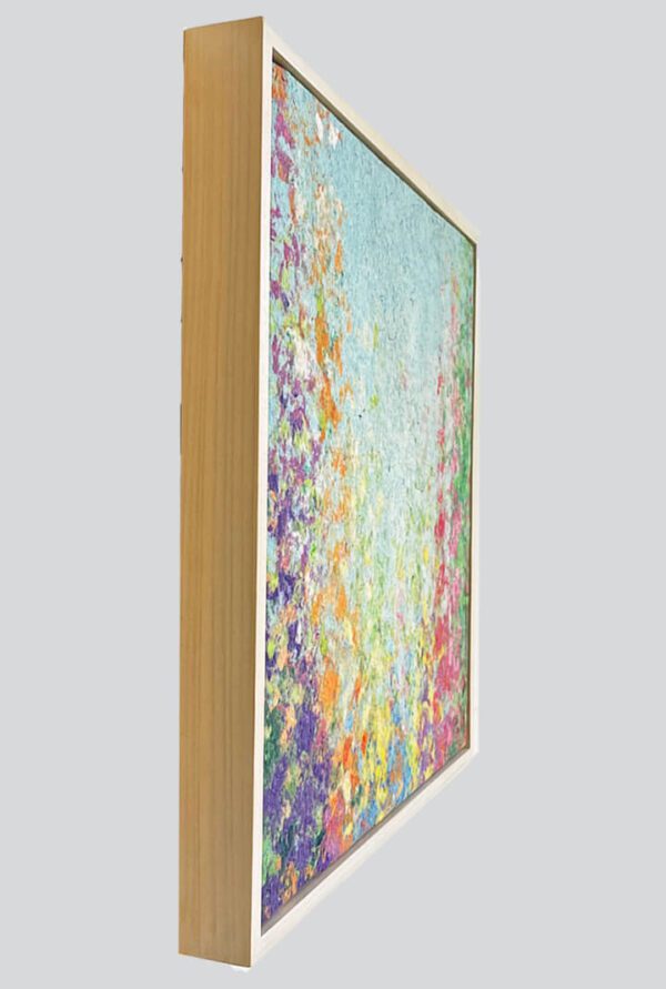 A colorful painting in an August. Gladiolus, 20 x 20 x 2 inches, custom-made white-washed floater frame.