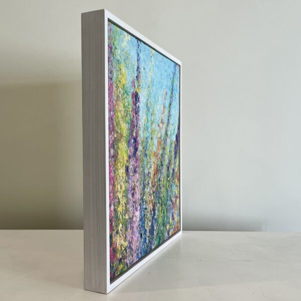 Field of wild flowers, in a 20 x 20 x 3 inches in a custom white-washed oak floater frame.