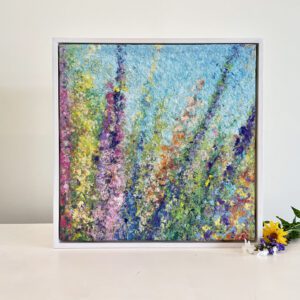 A Field of wild flowers, in a 20 x 20 x 3 inches in a custom white-washed oak floater frame.