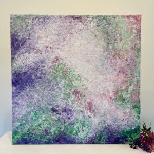 A purple and green painting on a white background.