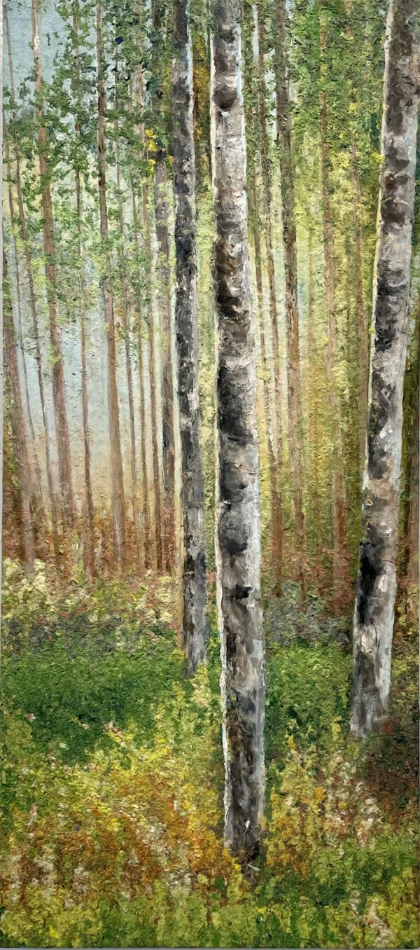 A painting of Birch trees in Summer, 45 x 20 x 3 inches, 2950.00.