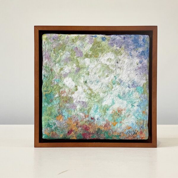 An abstract painting in a Chrysanthemum Garden. 7 x 7 x 1 inches. Maple frame.