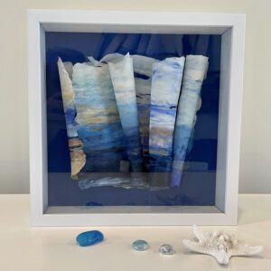 Into the Deep, white shadowbox frame, 12 x 12 x 2.5 inches for a framed piece of paper with seashells and a starfish.