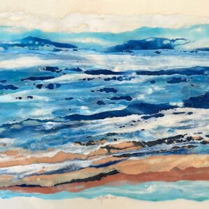 A watercolor painting of a blue and brown ocean.
