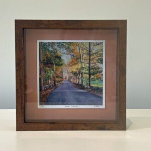A River Road print, peach mat, 9 x 9 x 1 inches, mahogany frame.