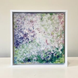 A Painted Daisies, 13 x 13 x 1 inches, white floater frame with purple and green flowers.