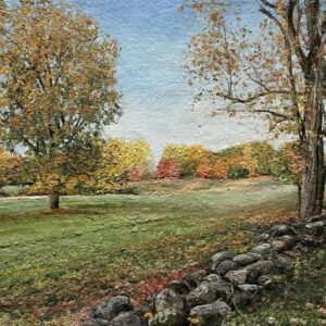 A painting of Autumn Afternoon, River Road, MA. 40 x 30 x 2 inches with trees and a stone wall.
