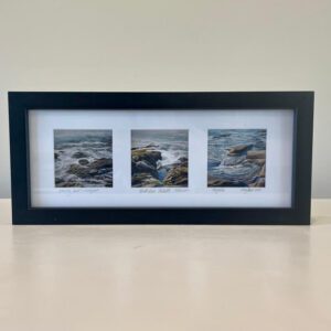 Three black framed pictures of the ocean.