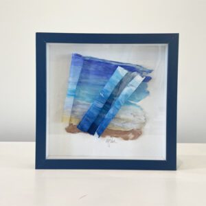 A Windy Shoreline, 9 x 9 x 1 inches, shadow box frame with a watercolor painting of a beach.