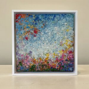 JUNE. Red Rose Garden, 9 x 9 x 1.5 inches, maple floater frame.