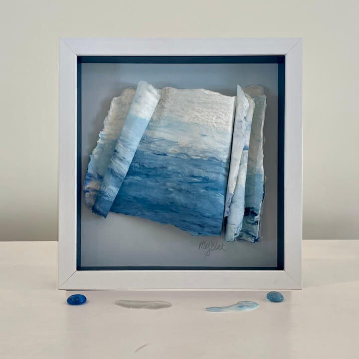 ? Sold, Lisa and Saatchi. Framed blue and white abstract art.