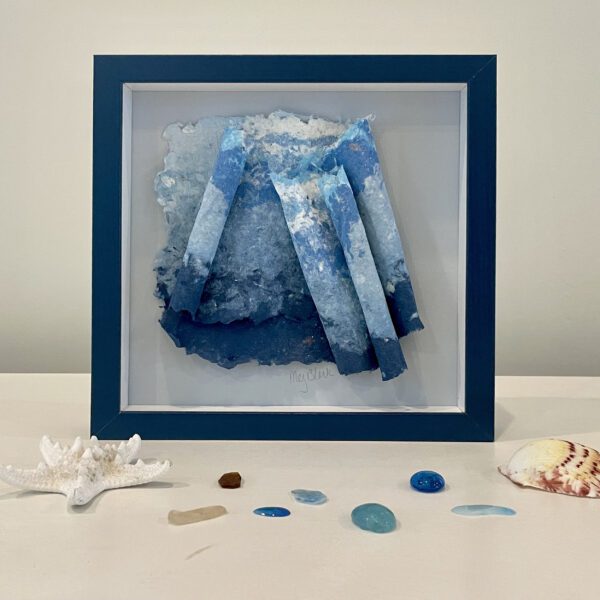 Acadia Shoreline, 9 x 9 x 1 inches, blue shadowbox frame.