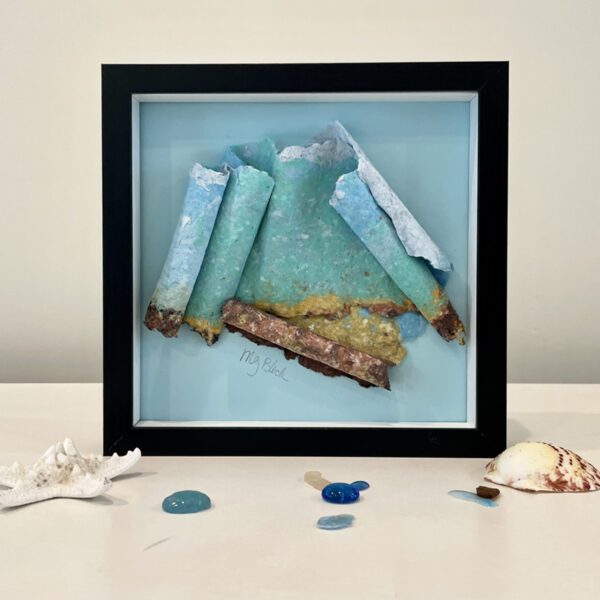 Aqua Dawn, 9 x 9 x 1 inches, black shadow box frame.