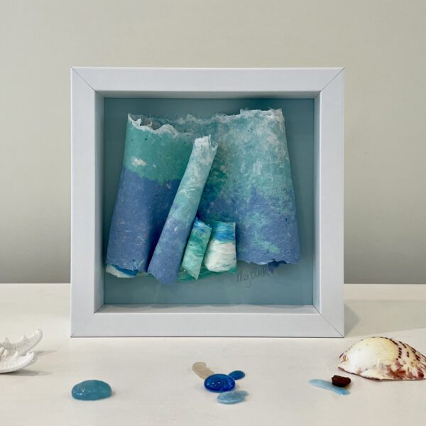 Aqua Pearl, 8 x 8 x 2 inches, white shadow box frame.