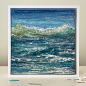 Abstract seascape painting with blue and green hues.