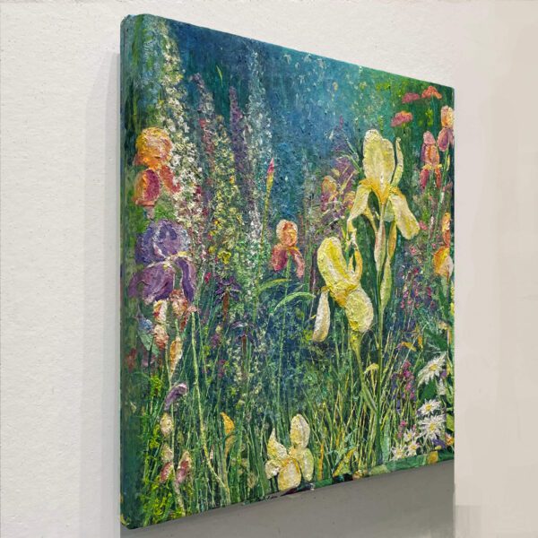 Yellow Irises, 30 x 30 x 2 inches, pulp painting. - Image 3