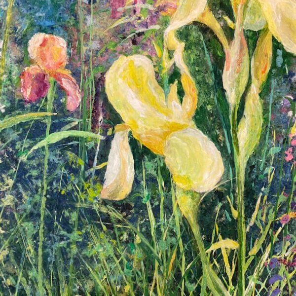 Yellow Irises, 30 x 30 x 2 inches, pulp painting. - Image 2