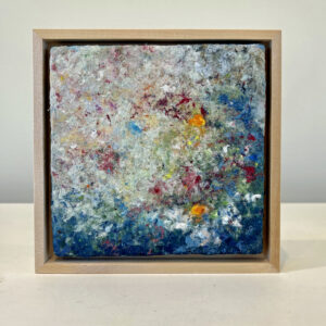 OCTOBER. Marigolds in the shade, 7 x 7 x 1 inches, maple frame.