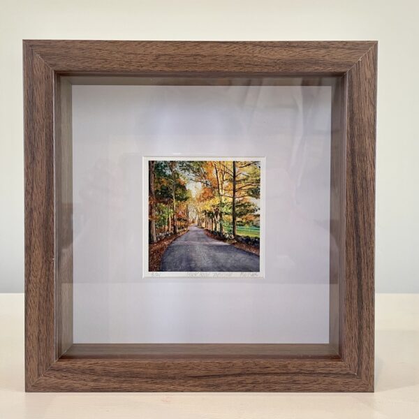 Cathedral, River Road, 8 x 8 x 2 inch oak shadow box frame