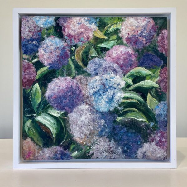 Hydrangeas Garden, 13 x 13 x 2 inches, white floater frame.