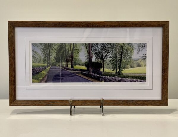 SOLD. JUST ADDED: June, River Road, small print in a rustic barn wood frame, 21  x 11 x 1 inches.