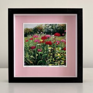 Red Cutting Garden, 9 x 9 x 2 inches, light pink mat, white lining, black shadow box frame.