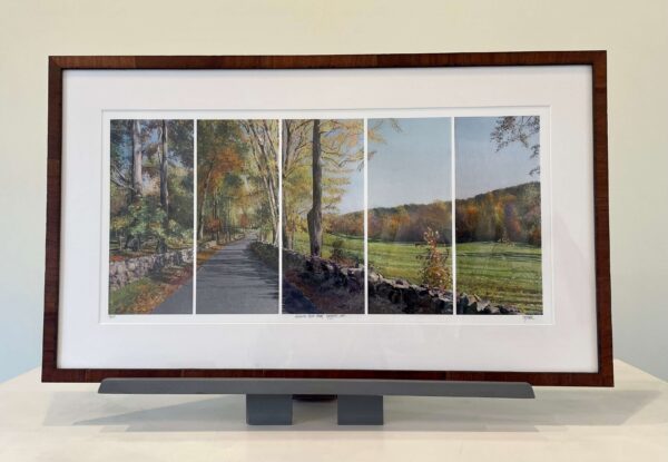 Autumn, River Road, red brown wooden frame, 19 x 32 inches.