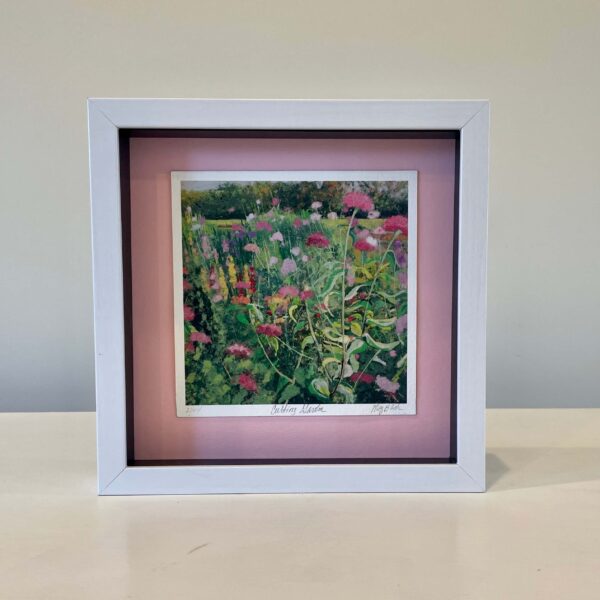 Cutting Garden, 9 x 9 x 2 inches, light pink mat, black lining, white shadow box frame.